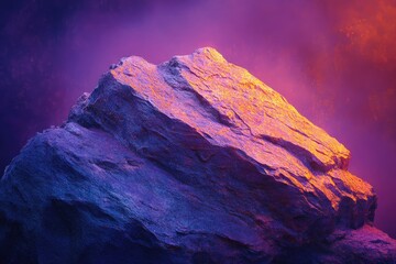 Aufkleber - A large rock illuminated by vibrant purple and orange hues against a dark, atmospheric backdrop.