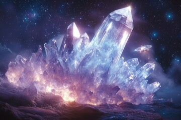 Poster - Gigantic glowing crystal formation on an alien planet under a starry night sky, with a spaceship observing.