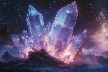 Poster - Glowing purple crystals erupt from a rocky landscape under a starry night sky, a breathtaking celestial scene.