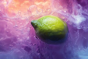 Poster - A vibrant lime submerged in icy, purple-hued water, creating a refreshing, bubbly scene.