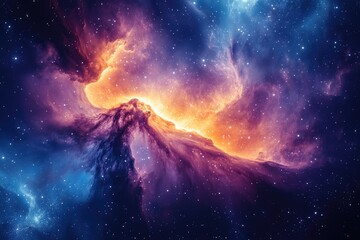 Poster - A vibrant nebula glows with hues of purple, orange, and blue, scattered with countless stars in a cosmic landscape.