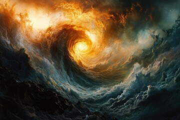 Aufkleber - A swirling vortex of fiery waves and dark clouds creates a dramatic, apocalyptic scene.