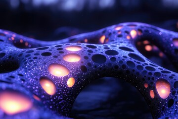 Poster - Abstract 3D render of a porous, glowing blue structure resembling a network or alien landscape.