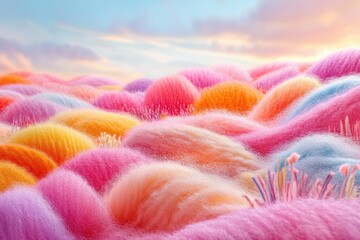 Aufkleber - A vibrant landscape of pastel-colored yarn, resembling fluffy hills under a sunset sky.