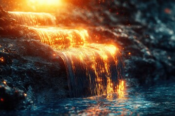Aufkleber - A fiery waterfall cascades down dark rocks, glowing with intense orange light, creating a magical, surreal scene.