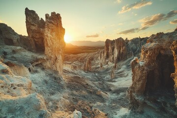 Aufkleber - Dramatic sunset illuminates a rugged desert landscape with towering rock formations, creating a breathtaking vista.