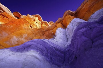 Aufkleber - Strikingly colored canyon walls showcasing orange, white, and purple rock formations under a deep blue sky.
