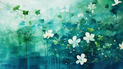 Poster - A serene landscape filled with deep sea greens and blues, featuring delicate white flowers and gentle vines swaying in a tranquil atmosphere