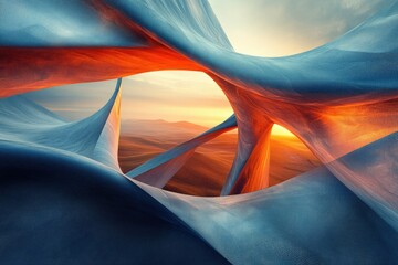 Poster - Abstract art depicting a sunset over rolling hills viewed through a futuristic, swirling, textured structure.