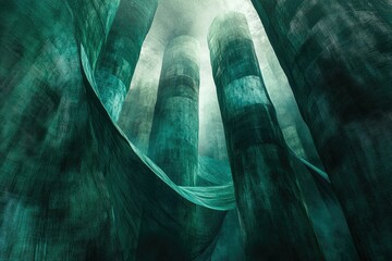 Aufkleber - Abstract teal fabric pillars in a dimly lit, mysterious space, creating a surreal and captivating atmosphere.