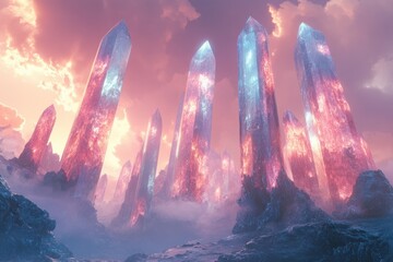 Aufkleber - A breathtaking landscape of colossal, glowing crystals under a vibrant sunset sky.