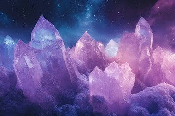 Poster - Amethyst crystals illuminated under a starry night sky, forming a surreal, mountainous landscape.
