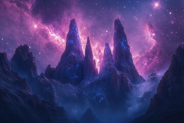 Aufkleber - Mystical purple mountains under a vibrant nebula-filled night sky, glowing with ethereal light.