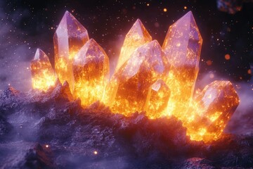 Aufkleber - Fiery orange crystals erupt from dark volcanic rock, glowing with intense energy in a cosmic scene.