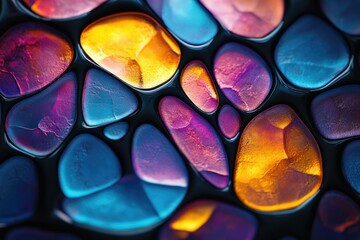 Fototapete - Abstract close-up of vibrant, iridescent, jewel-toned pebbles, creating a mesmerizing texture.
