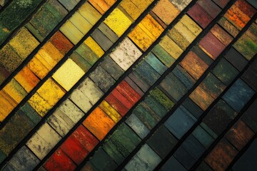 Poster - Aerial view of colorful rectangular fields, possibly agricultural plots, arranged in a diagonal pattern.