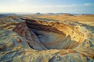 Aufkleber - A breathtaking aerial view of a vast, eroded sandstone canyon in a desert landscape, showcasing the layers of rock and the immense scale of the natural formation.