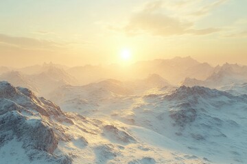 Poster - A breathtaking panoramic view of snow-covered mountains bathed in the golden light of a setting sun.