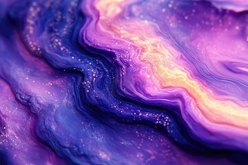 Leinwandbilder - Abstract swirling paint in vibrant purple, pink, and gold hues with glitter, resembling a cosmic nebula.