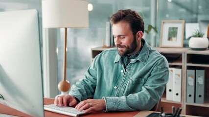 Aufkleber - Business, computer and man in office, thinking and connection with research for article. Person, copywriting and journalist in workplace, pc and internet with editing, news report and online reading
