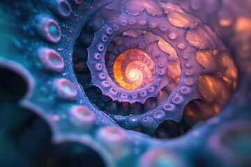Aufkleber - Abstract spiral pattern reminiscent of an octopus's suckers, vibrant purple and orange hues.
