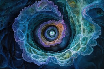 Poster - Abstract swirling fractal art with vibrant blues, purples, and greens, creating a mesmerizing, organic form.
