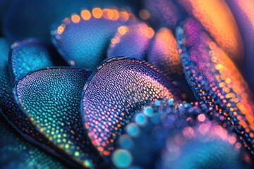 Poster - Close-up of iridescent textured petals, vibrant colors and bokeh effect, detailed macro photography.