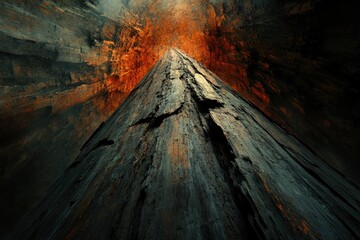 Leinwandbilder - A towering, textured column of dark, cracked stone rises towards a fiery, orange sky.