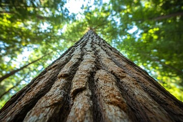 Poster - A low-angle view of a towering tree trunk in a lush green forest, showcasing the texture of the bark and the surrounding canopy.