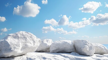 Poster - White Rocks Serenity Peaceful Landscape Summer Sky Bright Sunny Day Coastal Scene Tranquil Nature Background Digital Art Illustration Design Element  