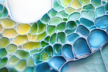 Poster - Abstract image of a vibrant, textured surface with interconnected, multicolored, glossy shapes resembling cells or bubbles.