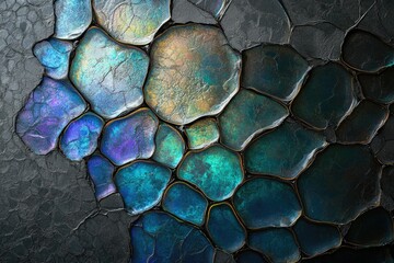 Fototapete - Abstract iridescent gemstone mosaic pattern on dark background.  Intricate, colorful, and textured.