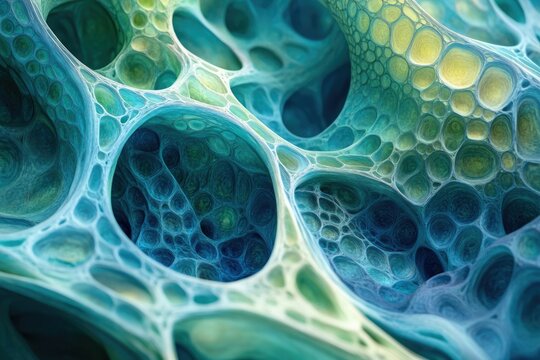 Abstract 3D rendering of a complex, interconnected, organic structure with teal and green hues resembling a cellular network.