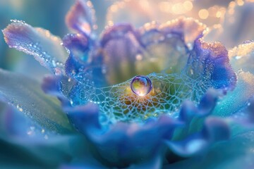 Poster - Dewdrop on spiderweb nestled in a vibrant blue flower, reflecting light.