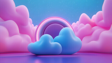 Poster - Pink and Blue Heart Cloudscape with Neon Light Circle