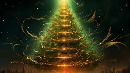 Wall Mural - glowing golden ornaments adorning verdant evergreen, sparkling against shadowy winter cityscape, rad