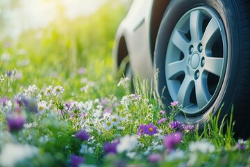 Wall Mural - Car in Blooming Meadow