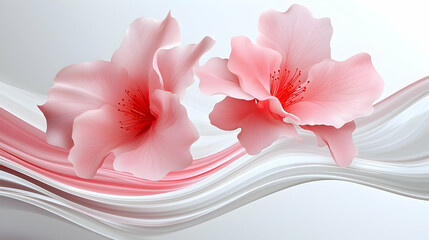 Fototapete - Pink Flowers and Flowing White Fabric Wave Abstract Design