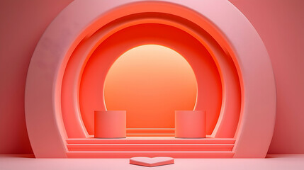Fototapete - Pink Heart-Shaped Archway with Two Podiums and Soft Lighting