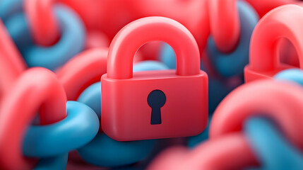 Poster - Red Padlock Among Interconnected Blue and Red Rings Abstract Data Security Concept
