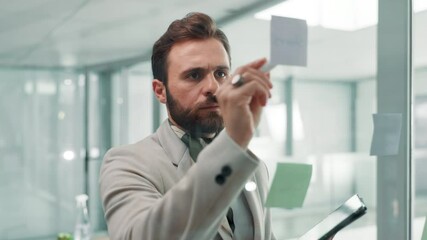 Poster - Businessman, writing and planning with tablet for brainstorming project or tasks on glass board. Man, employee or planner with technology, ideas or sticky notes for mindmap, work schedule or reminder