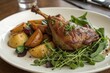 © Normal Desing - Savor duck confit a culinary art experience with crispy skin and roasted potatoes in a cozy setting