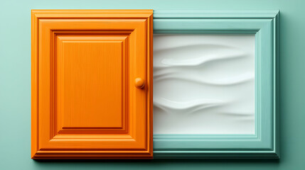 Fototapete - Split Image of Orange and Teal Kitchen Cabinet Doors with White Textured Panel