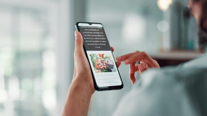 Poster - Person, hands and research with phone screen on website for eco friendly environment or ecosystem. Closeup, user or app with UI or UX for green project, sustainability or natural growth at workplace