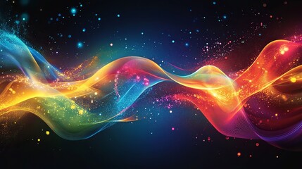 Poster - Abstract Colorful Wave Background Digital Art Vibrant Energy Flowing Design Modern Style Smooth Texture Bright Hues Glowing Particles Cosmic Space    