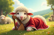 © jirawat - Whimsical Cartoon Sheep in Welsh Outfit Plays Harp in Dreamy Countryside Scene