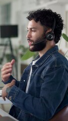 Poster - Headset, man and customer service agent in office for communication, contact us or help desk. Technology, call center and male consultant talking with online discussion for crm support in workplace.