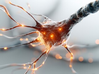Poster - 3D rendering of a neuron with glowing connections and vibrant details.