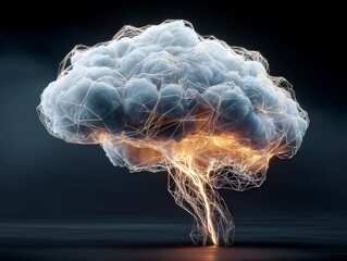 Poster - abstract brain structure made of light and clouds, symbolizing creativity and technology.