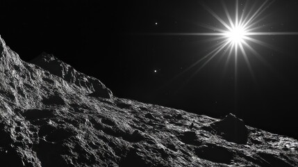 Wall Mural - Gray celestial body's rugged surface under a brilliant star.